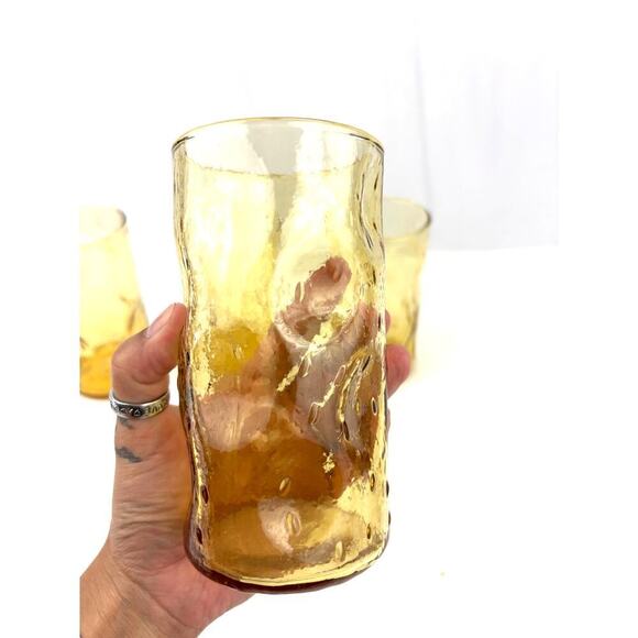 VTG Honey Amber Dimpled Glass Tumblers Pinched Yellow MCM Set of 4 - Picture 8 of 14